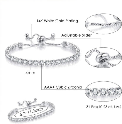 3 Pcs Tennis Bracelets for Women 14K Gold Plated 4Mm 5A+ Cubic Zirconia CZ Diamond Classic Adjustable Slider Bracelet Fashion Jewelry Wedding Gift Size 6.5-7.5 Inch