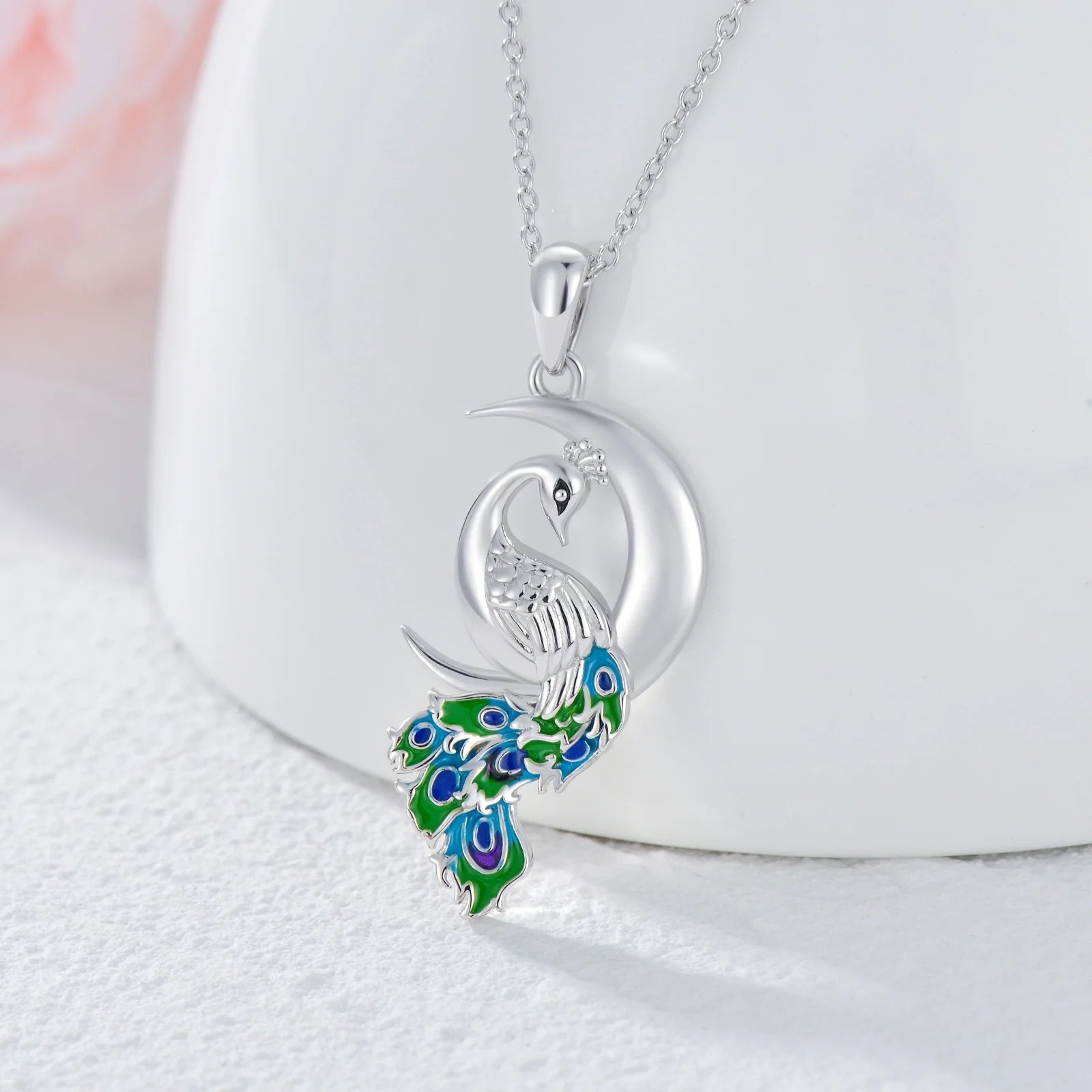 Peacock Moon Crystal Necklace 925 Sterling Silver Crescent Half Moon Pendant Peafowl Lover Anniversary Jewelry Gifts for Women