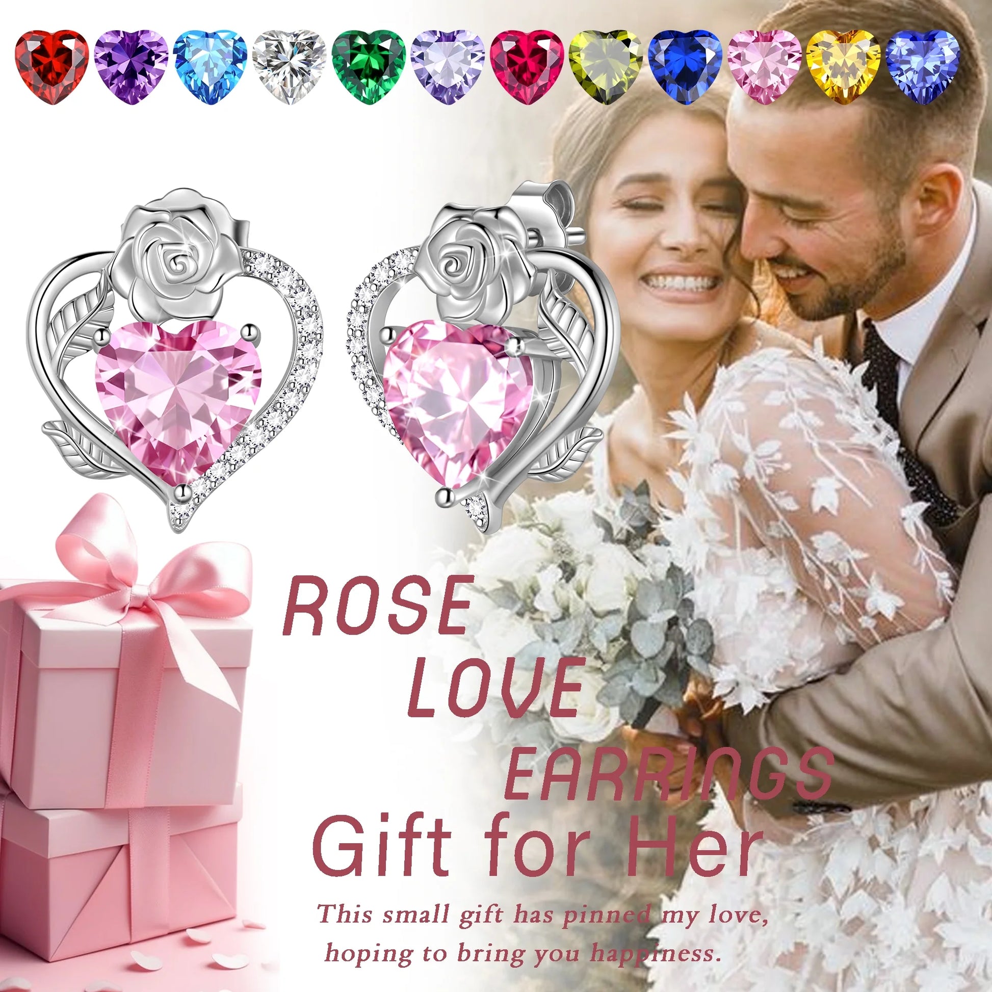 Rose Heart Birthstone Earrings,July Birthstone Rose Flower Heart Earrings Studs 925 Sterling Silver Jewelry Gifts for Women