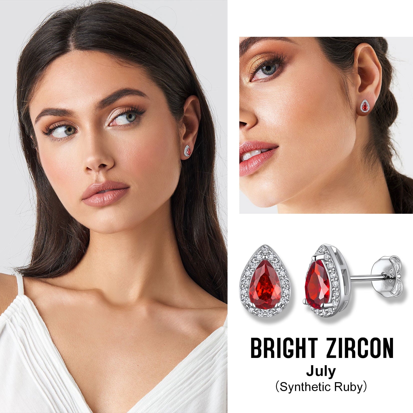 925 Sterling Silver Birthstone Stud Earrings for Women, Sparking July Teardrop Cut Diamond Earrings for Sensitive Ears