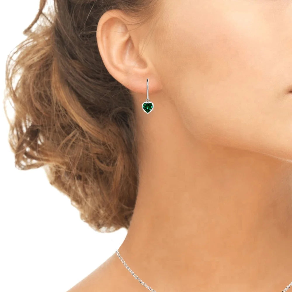 Simulated Emerald 6Mm Heart Bezel-Set Dangle Leverback Earrings in Sterling Silver
