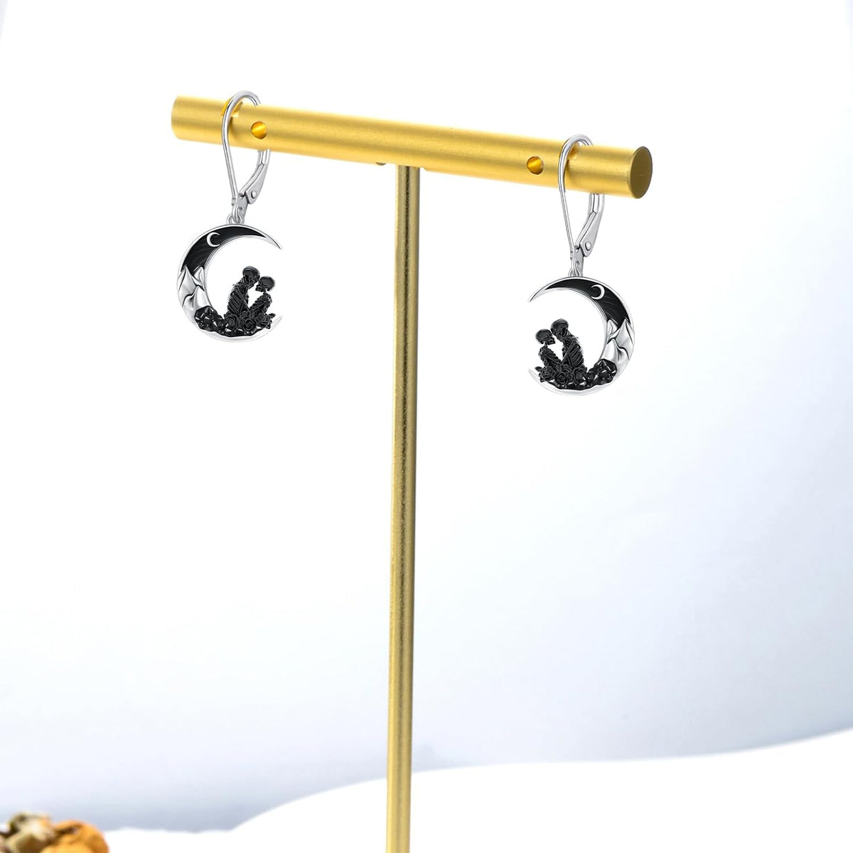925 Sterling Silver Skeleton Couple Moon Dangle Earrings