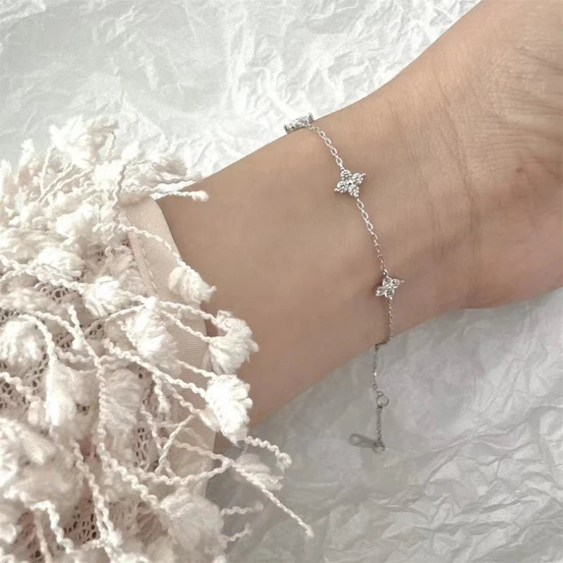925 Sterling Silver Four-Leaf Clover Zircon Starry 18K Gold Bracelets Women'S Commuting Adjustable Chains Bracelet Jewelry