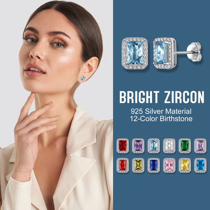 Square Diamond Stud Earrings March Aquamarine Birthstone Earrings, Sterling Silver Earrings Birthday Jewelry Gift for Women