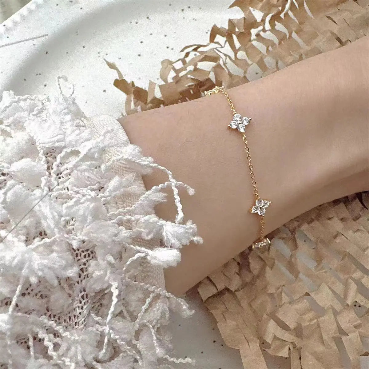925 Sterling Silver Four-Leaf Clover Zircon Starry 18K Gold Bracelets Women'S Commuting Adjustable Chains Bracelet Jewelry