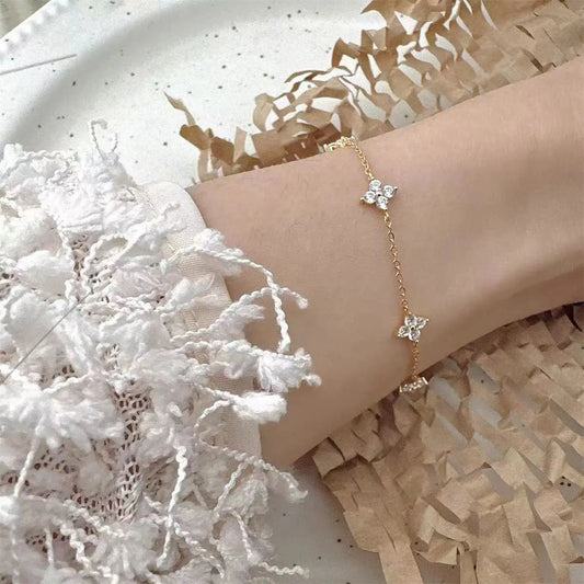 925 Sterling Silver Four-Leaf Clover Zircon Starry 18K Gold Bracelets Women'S Commuting Adjustable Chains Bracelet Jewelry