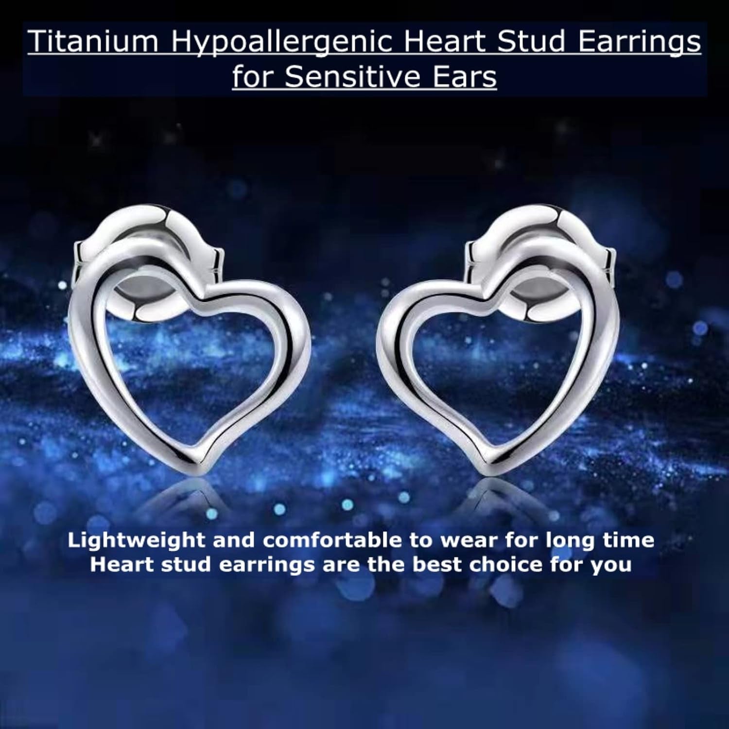 Titanium Earrings, Hypoallergenic Stud Earrings for Women Men Sensitive Ears Star/Moon/Lightning Bolt/Open Heart Premium High Polished (Shiny Grey)