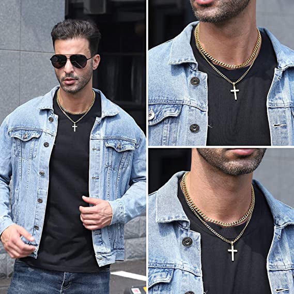 Layered Gold Cross Necklaces for Men Stainless Steel Cuban Curb Link Pendant Chain Necklaces Set Graduation Father'S Day Jewelry Gifts Ideas Dad Husband Son Teen Teenage Age