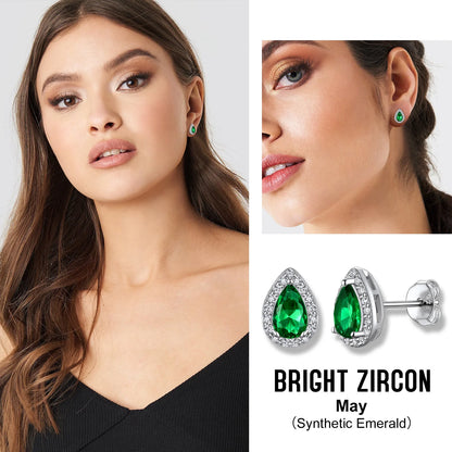 925 Sterling Silver Birthstone Stud Earrings for Women, Sparking May Teardrop Cut Diamond Earrings for Sensitive Ears
