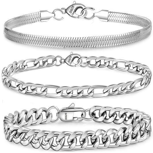 3 Pcs Sterling Silver Bracelets for Men Women Boys,Charm Bracelet Cuban Link Curb Figaro Herringbone Chain Bracelets Set Jewelry Birthday Gifts Ideas Teen Dad Husband Male 6.5/7/7.5/8.3/9 Inch