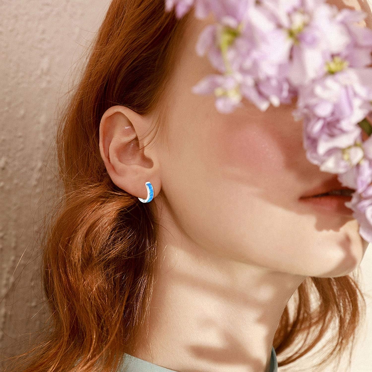 Hoop Earrings for Women Opal Hoop Earrings Hinged Huggie Earrings 925 Sterling Silver Hypoallergenic Earrings for Sensitive Ears Simulated Opal Colorful Jewelry Birthday Christmas Gift