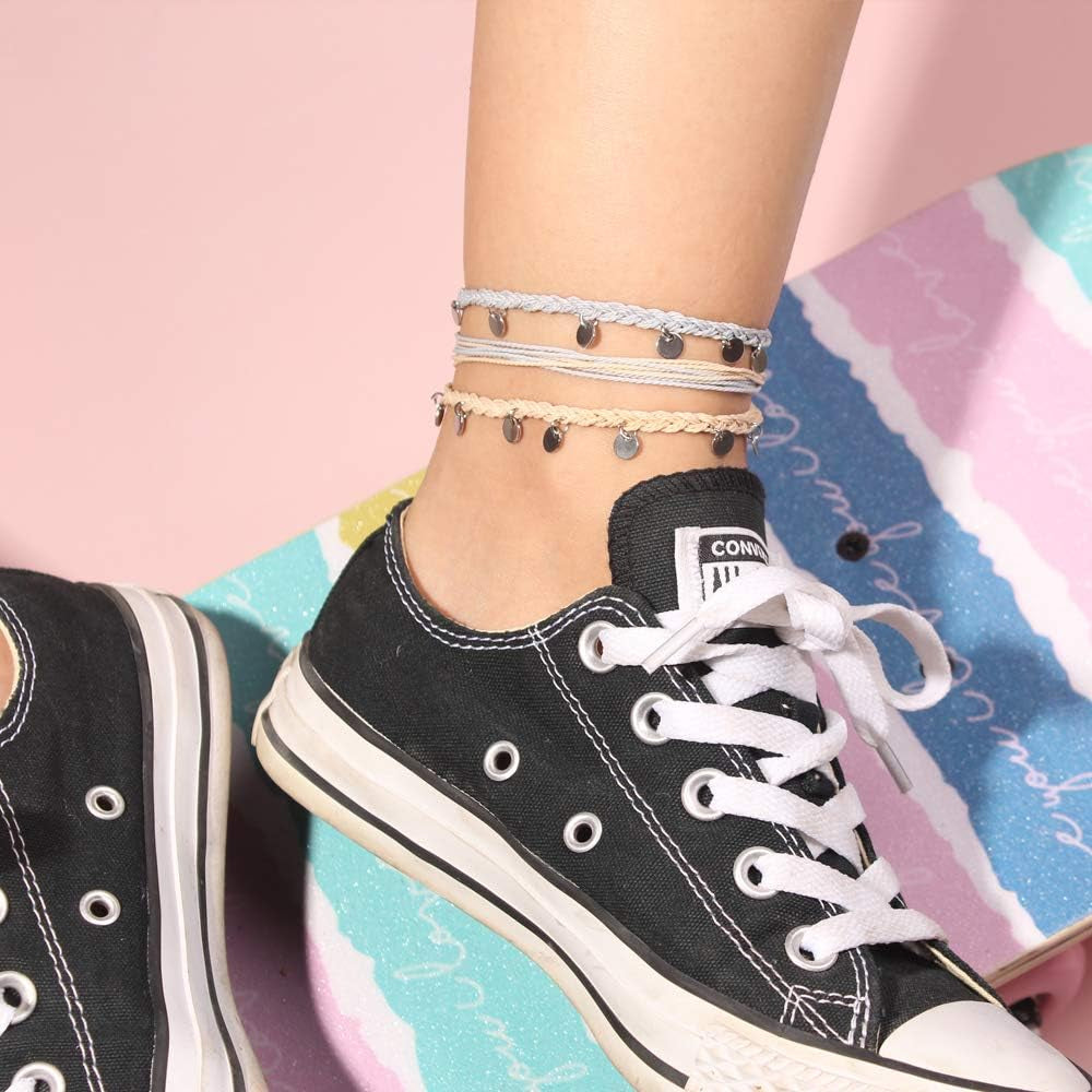 String Ankle Bracelets Waterproof Rope Anklets Braided Beach Boho Coin Anklets Cute Friendship Foot Jewelry for Women