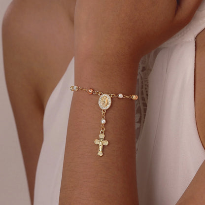 Virgin Mary Rosary Bracelet for Women, 14K Gold Plated Inspirational Jesus Cross Charm Virgen De Guadalupe Bracelet, Adjustable Christian Faith Bead Link Chain Bracelets Religious Jewelry Gifts