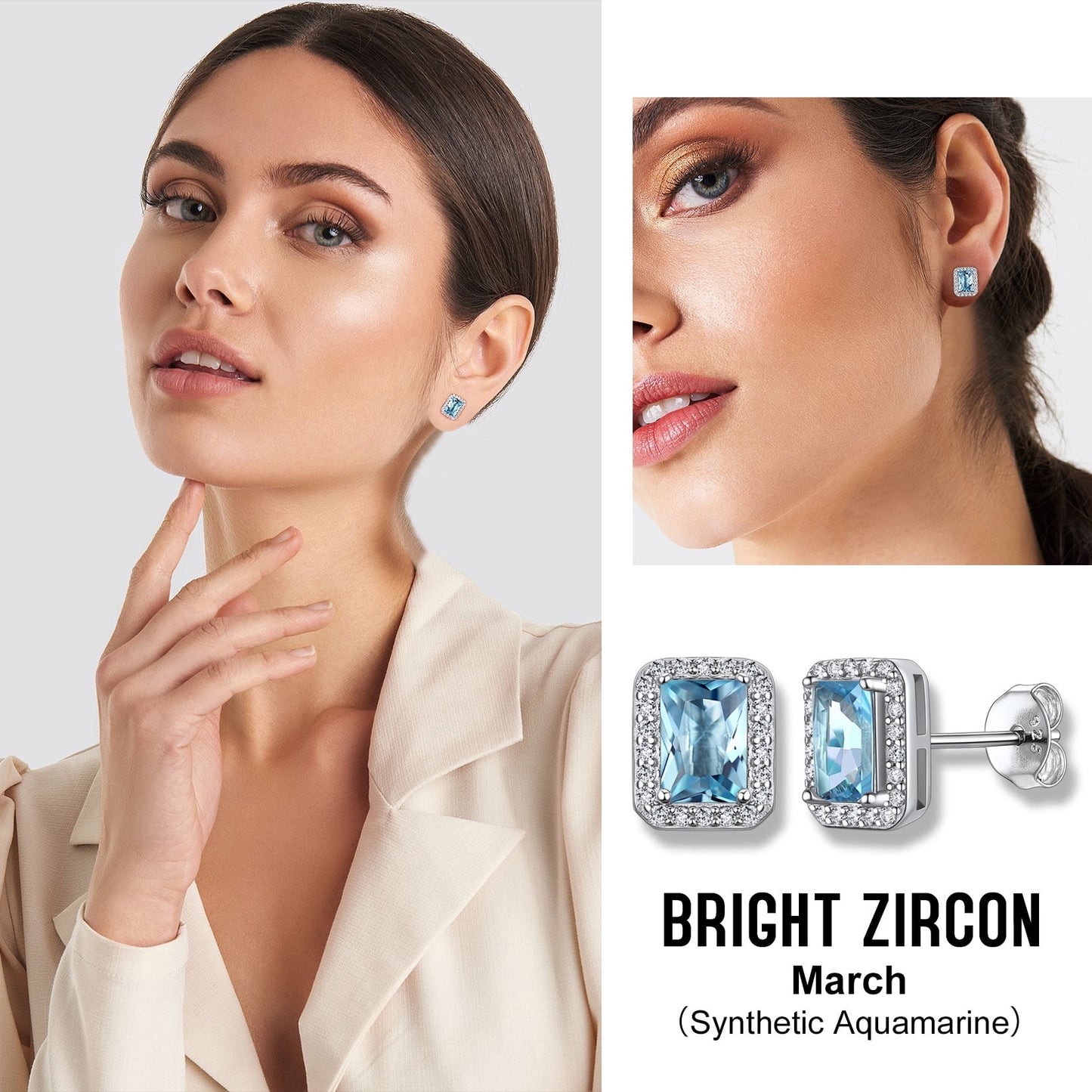 Square Diamond Stud Earrings March Aquamarine Birthstone Earrings, Sterling Silver Earrings Birthday Jewelry Gift for Women