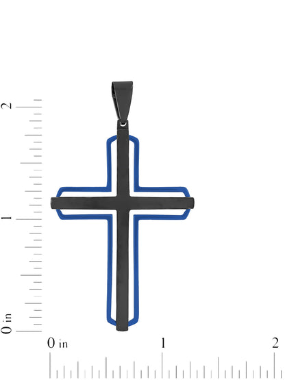 Men'S Stainless Steel Black & Blue Stacked Cross Pendant Necklace
