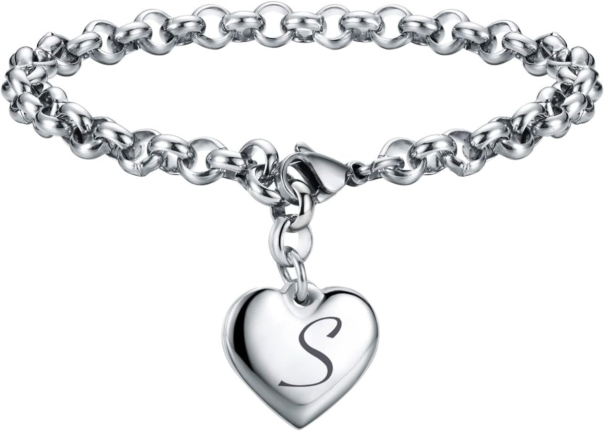 Charms Bracelets for Women, Heart Charm Initial Bracelet Trendy, 26 Letters Stainless Steel Jewelry Confirmation Gifts for Christmas Birthday