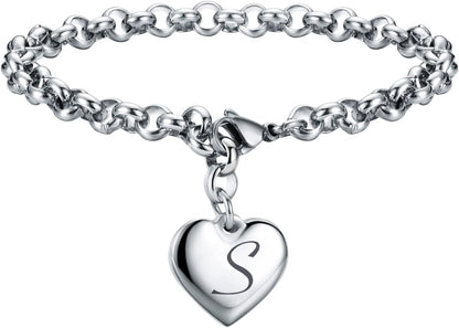 Charms Bracelets for Women, Heart Charm Initial Bracelet Trendy, 26 Letters Stainless Steel Jewelry Confirmation Gifts for Christmas Birthday
