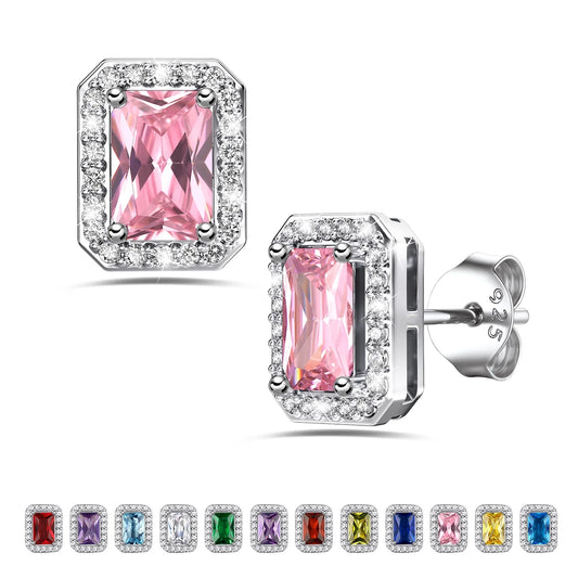 Square Diamond Stud Earrings October Tourmaline Birthstone Earrings, Sterling Silver Earrings Birthday Jewelry Gift for Women