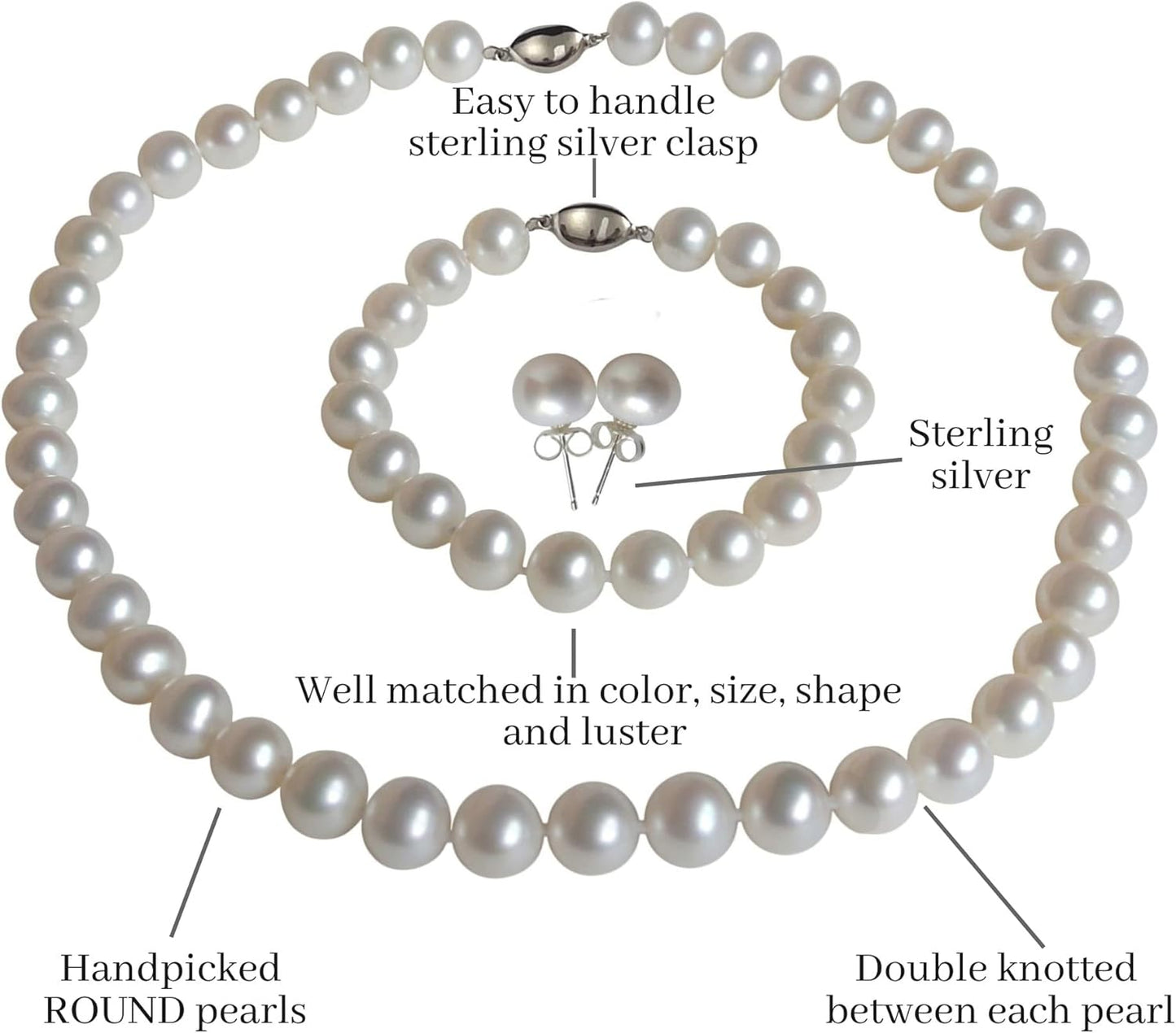 ROUND Real Pearl Necklace Set for Women Bracelet Stud Earrings Ivory Beige Cream White Pearl Jewelry Set Men Cultured Freshwater Wedding