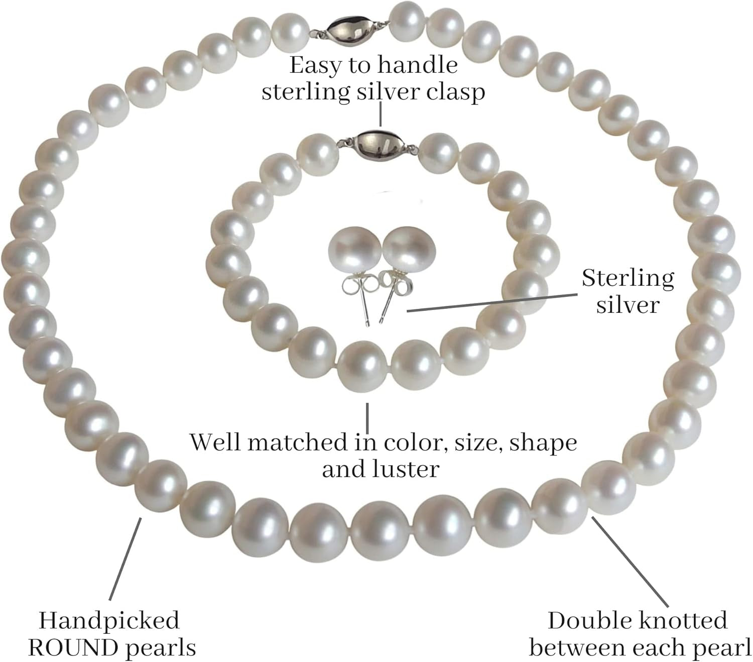 ROUND Real Pearl Necklace Set for Women Bracelet Stud Earrings Ivory Beige Cream White Pearl Jewelry Set Men Cultured Freshwater Wedding