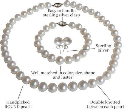 ROUND Real Pearl Necklace Set for Women Bracelet Stud Earrings Ivory Beige Cream White Pearl Jewelry Set Men Cultured Freshwater Wedding