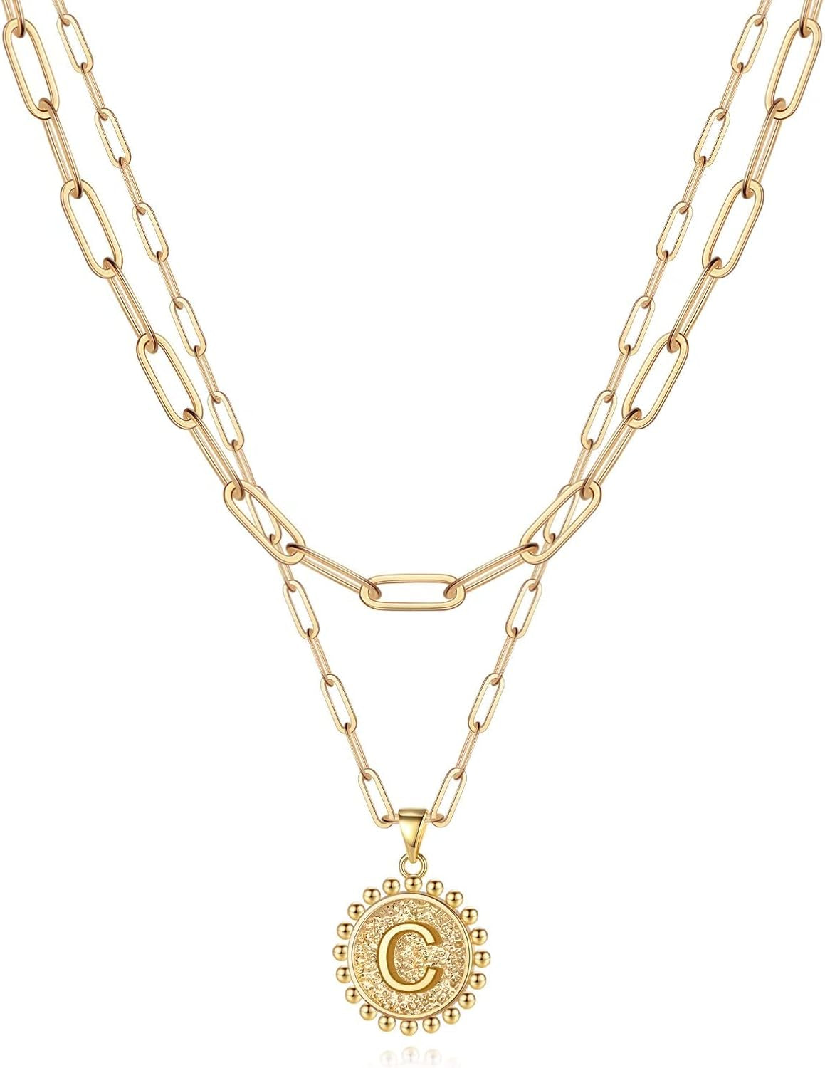 Gold Initial Necklaces for Women, 14K Gold Plated Dainty Layering Paperclip Link Chain Necklace Coin Initial Layered Necklaces for Women Personalized Birthday Gifts
