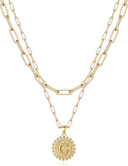 Gold Initial Necklaces for Women, 14K Gold Plated Dainty Layering Paperclip Link Chain Necklace Coin Initial Layered Necklaces for Women Personalized Birthday Gifts