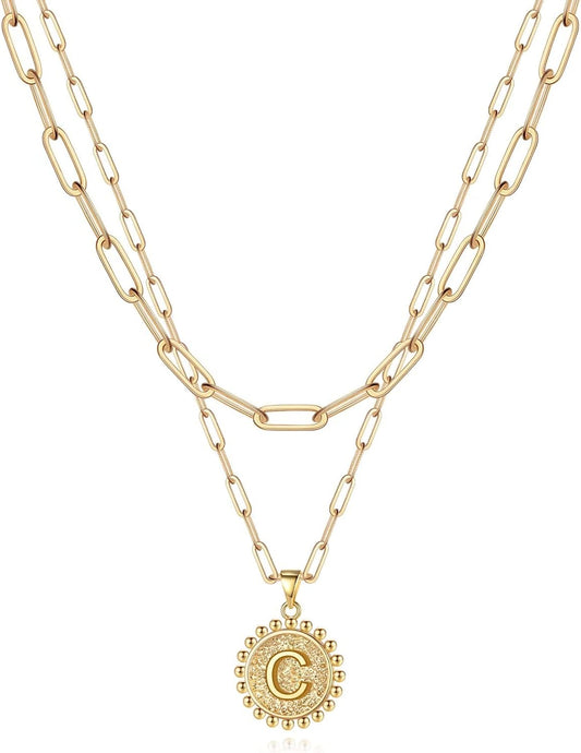 Gold Initial Necklaces for Women, 14K Gold Plated Dainty Layering Paperclip Link Chain Necklace Coin Initial Layered Necklaces for Women Personalized Birthday Gifts
