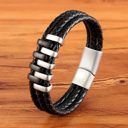 Braided Rope Wrap Leather Bracelets for Men Bangles Fashion Male Women Charm Stainless Steel Clasp Jewelry DIY Customization