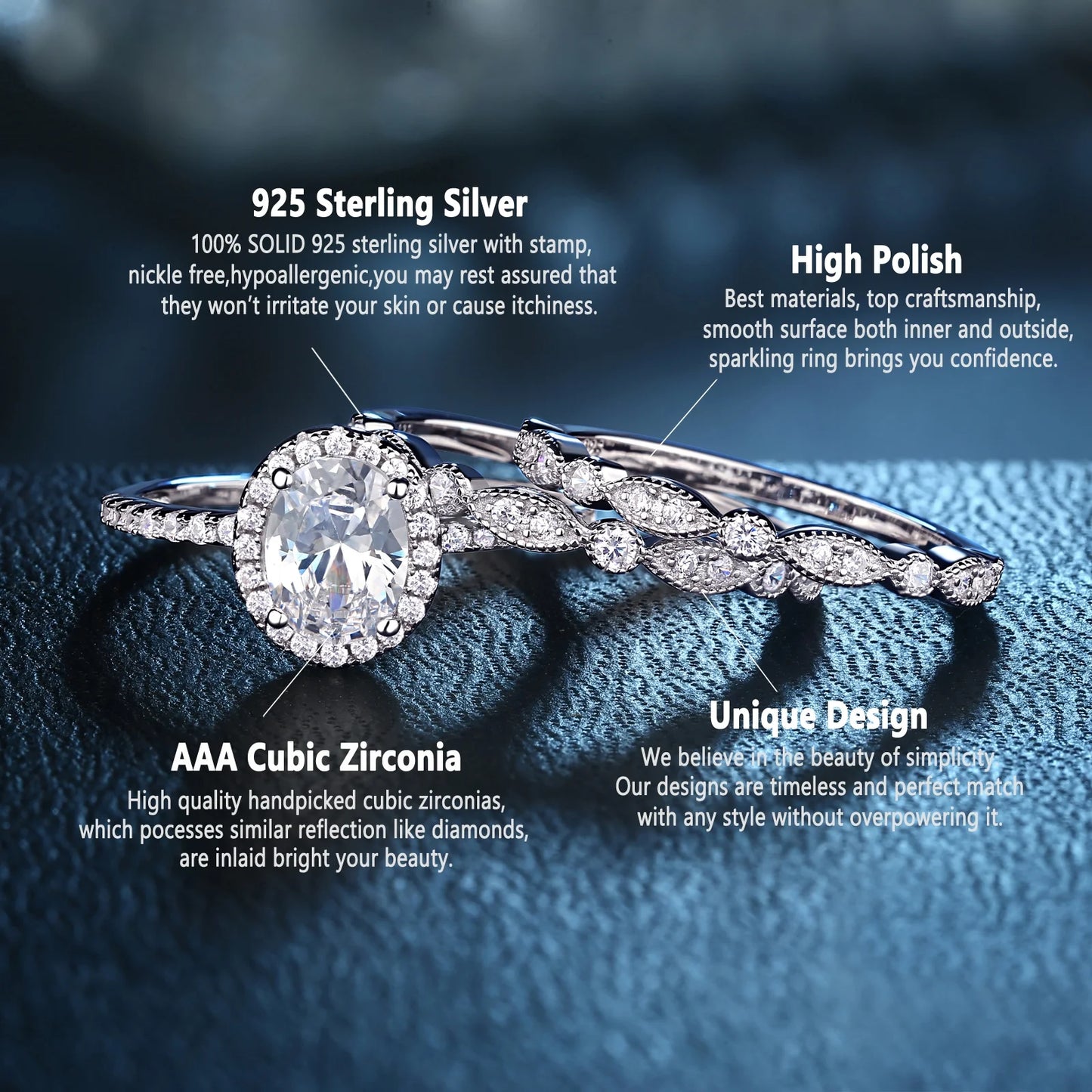 Engagement Sets Wedding Rings for Women 925 Sterling Silver 3Pcs White Cz Size 8