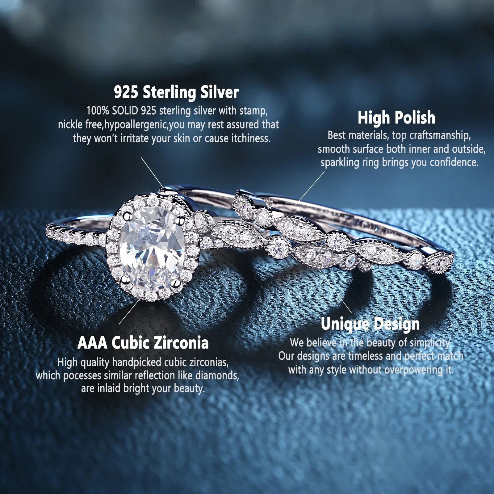 Engagement Sets Wedding Rings for Women 925 Sterling Silver 3Pcs White Cz Size 8
