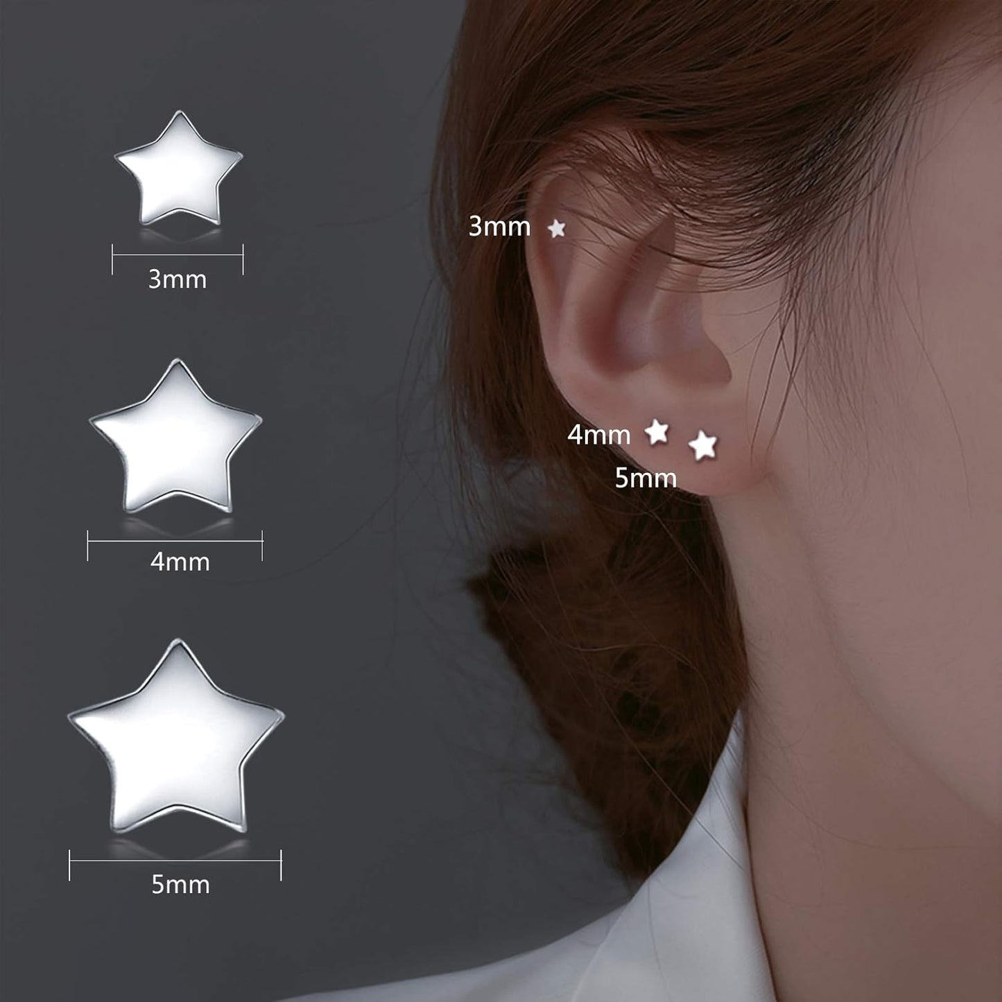 3 Pairs 925 Sterling Silver Star Stud Earrings for Women,Tiny Simple Geometric Stud Earrings Set Small Hypoallergenic Cartilage Tragus Ear Jewellery for Men (3/4/5Mm)