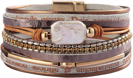 Womens Leather Cuff Bracelet Baroque Pearl Wrap Bracelets Gorgeous Gold Tube Bangle Handmade Wristbands Jewelry Bohemian Gift for Women