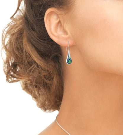 Sterling Silver Long Pear Shape Drop Earrings, Abalone, Simulated Turquoise or Mother of Pearl