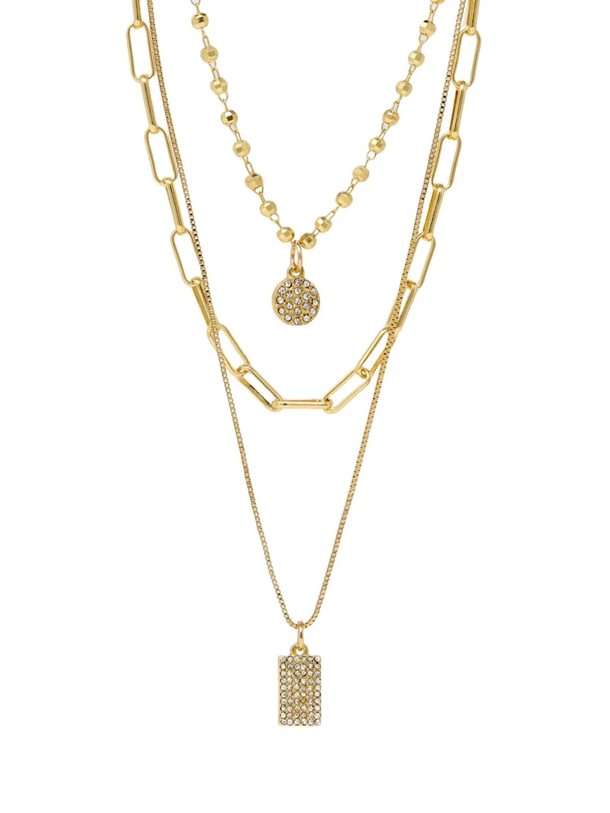 Gold Layered Necklace Set, Triple Layer Charm Necklace with Detangler Clasp, Pave Crystal 3 Strand Necklace, Gift for Her