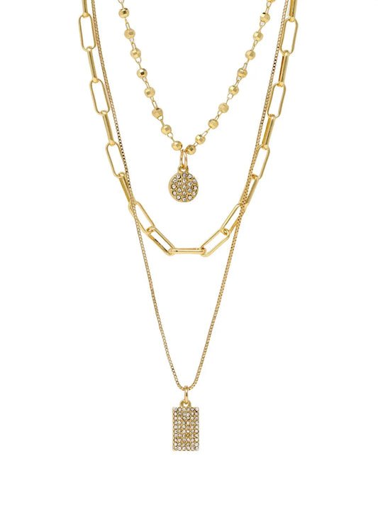 Gold Layered Necklace Set, Triple Layer Charm Necklace with Detangler Clasp, Pave Crystal 3 Strand Necklace, Gift for Her