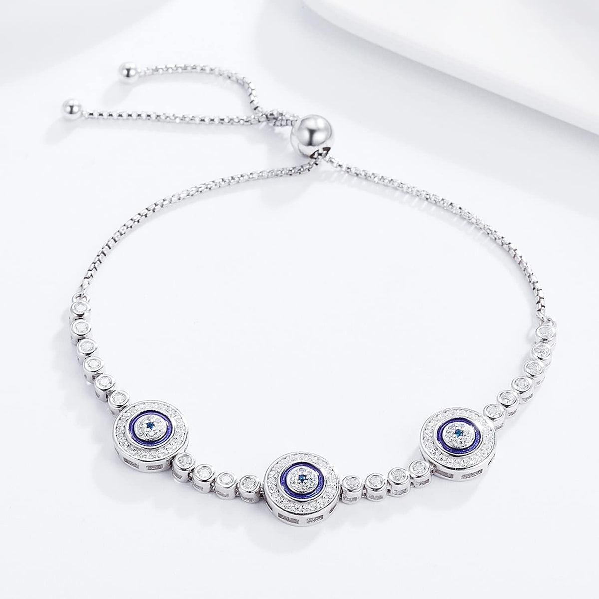 Women Evil Eye Protection Bracelets 925 Sterling Silver White Gold Plated Adjustable Bracelets