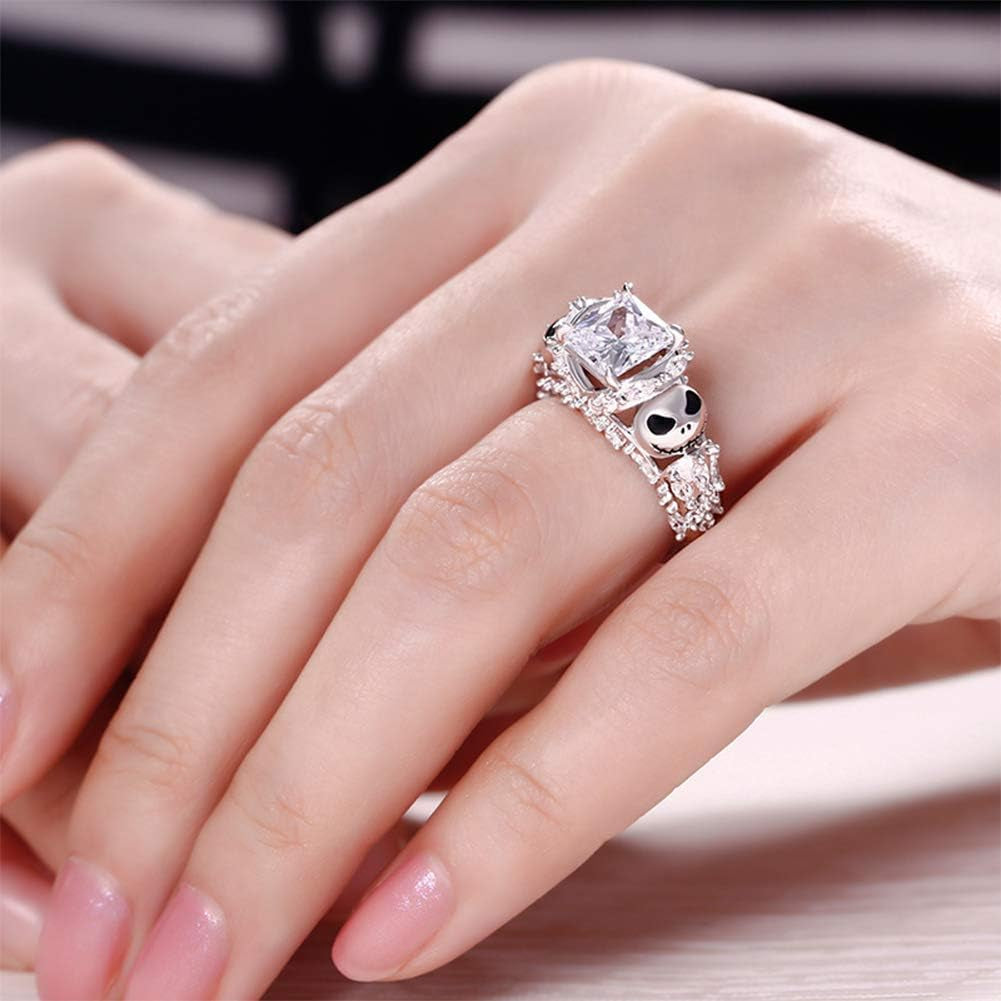 Jack Rings Women Nightmare before Christmas Skull Rings 925 Sterling Silver Princess Cut Band Ring Anniversary Promise Romantic Christmas Gifts for Her