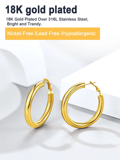 Chunky Hoop Earrings for Women Stainless Steel Jewelry 14K Gold Plated Large Earring 30Mm Birthday Christmas Gift for Daughter Wife