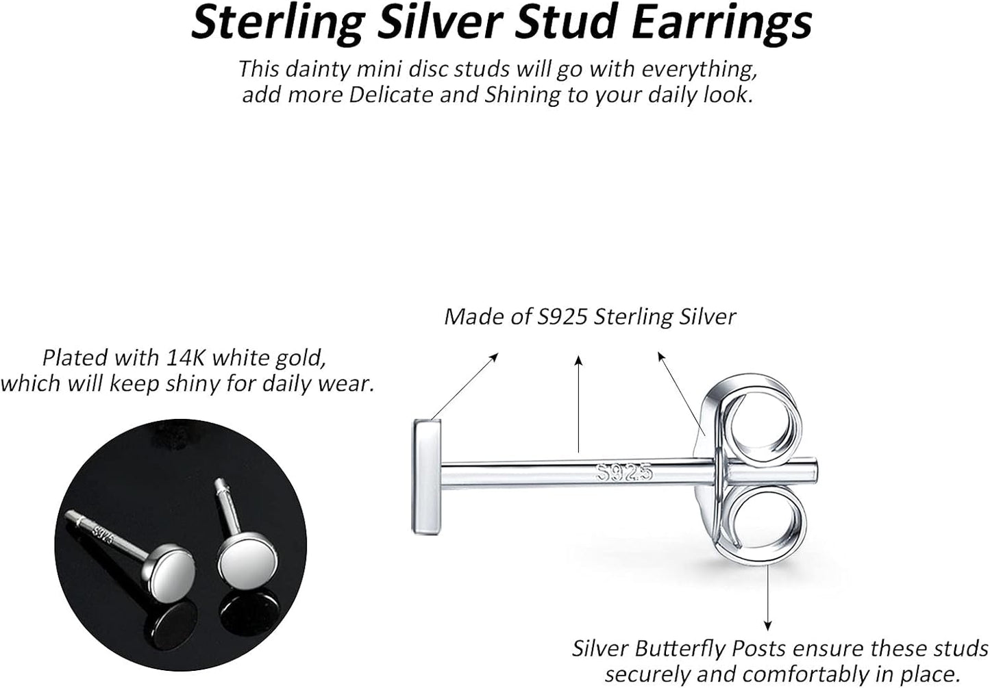 Sterling Silver Stud Earrings for Women, Tiny Flat Dot Earrings Set | Small Hypoallergenic Circle Stud Earrings | Dainty round Tragus Cartilage Studs for Men (2Mm/3Mm/4Mm)