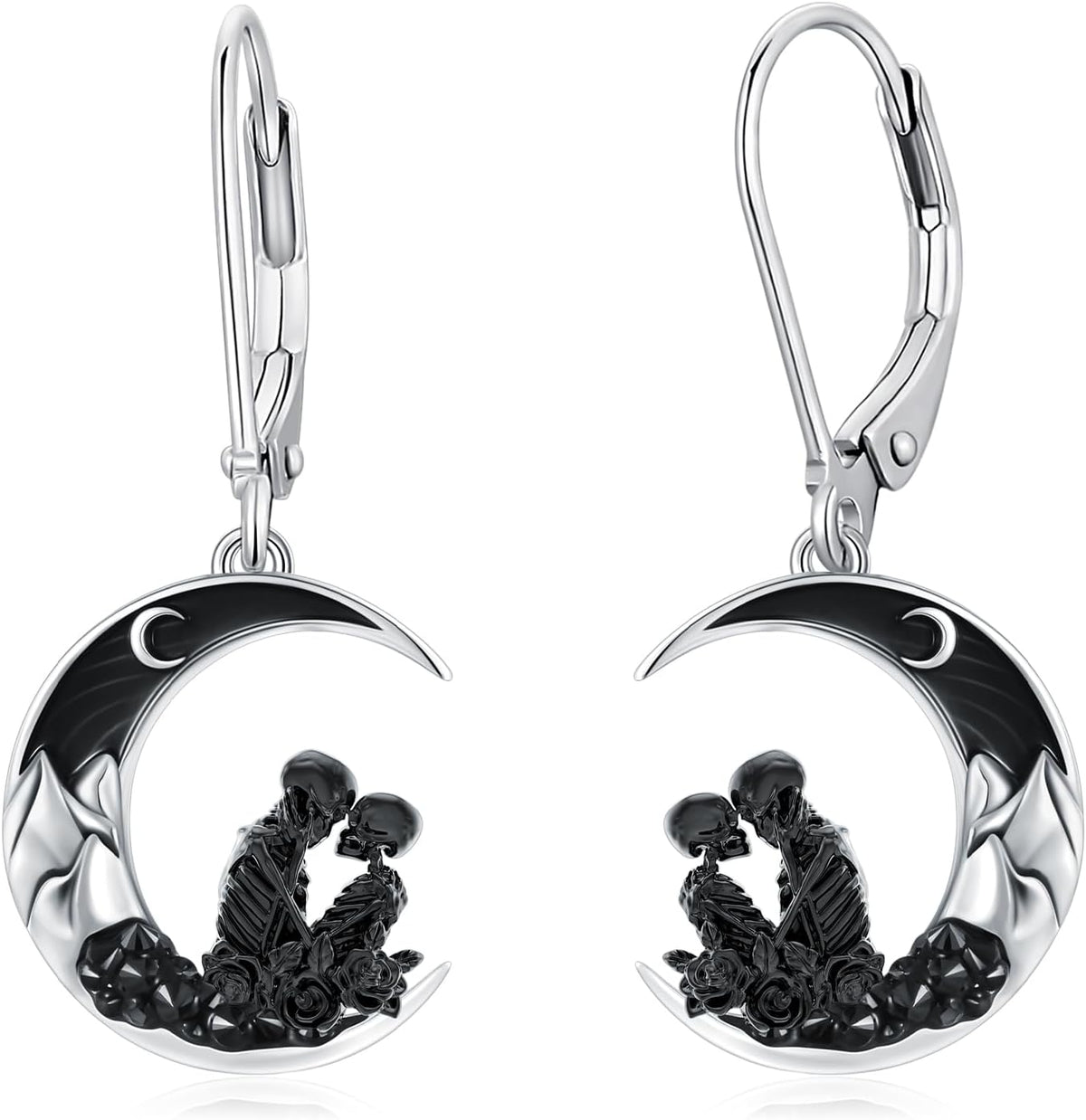 925 Sterling Silver Skeleton Couple Moon Dangle Earrings