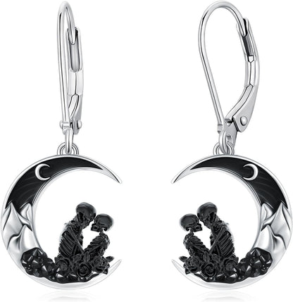 925 Sterling Silver Skeleton Couple Moon Dangle Earrings