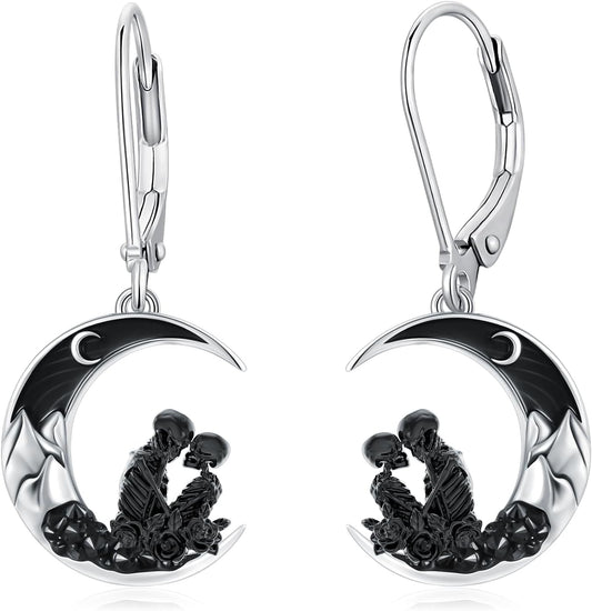 925 Sterling Silver Skeleton Couple Moon Dangle Earrings