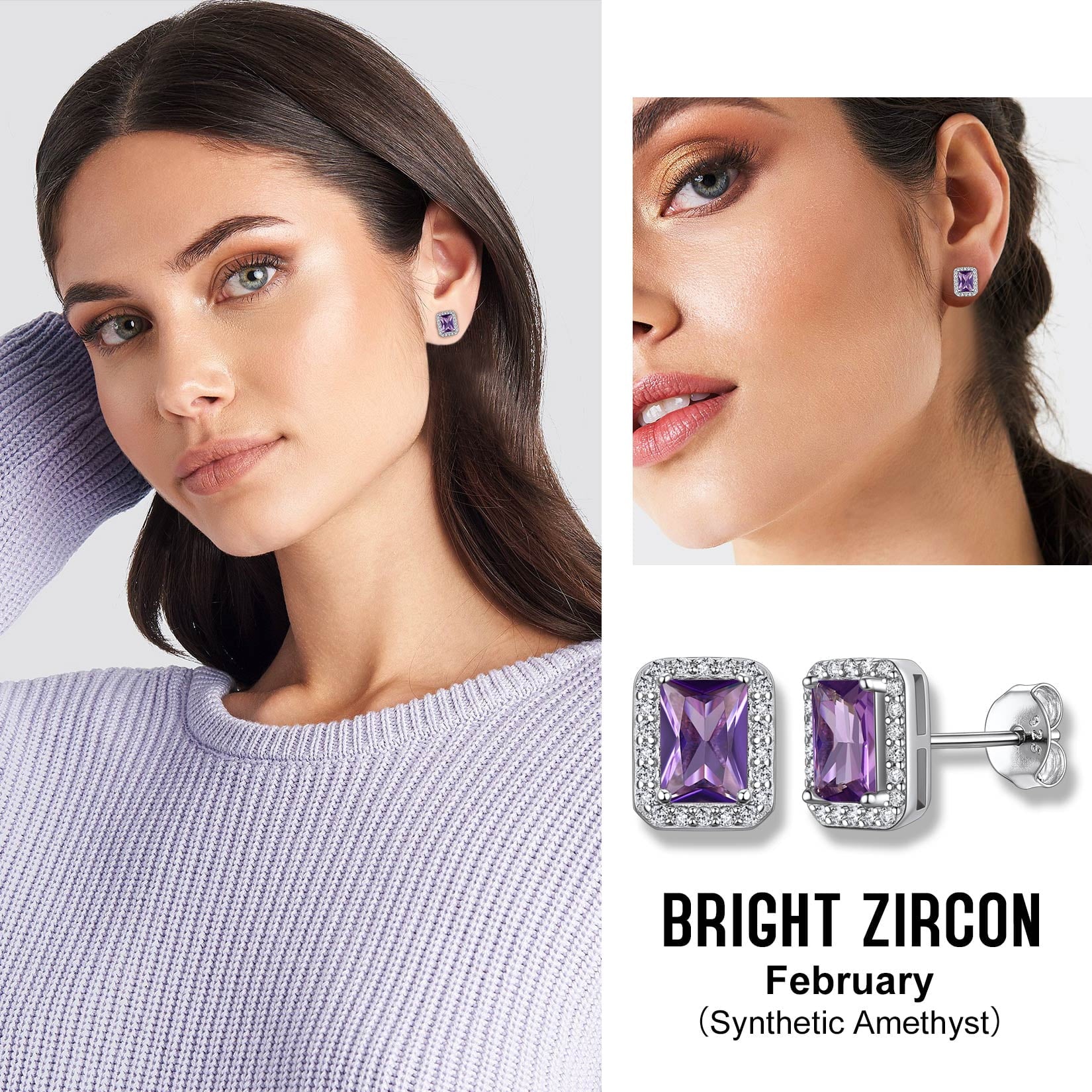Square Diamond Stud Earrings February Amethyst Birthstone Earrings, Sterling Silver Earrings Birthday Jewelry Gift for Women