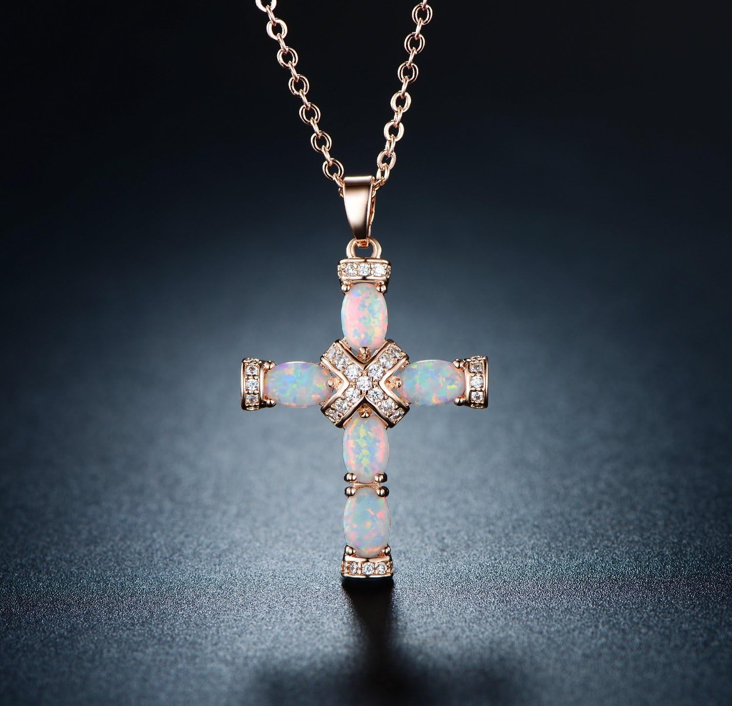 18K Gold Plated Created Opal Cross with Chain, 18 Inches with 2 Inches Extension