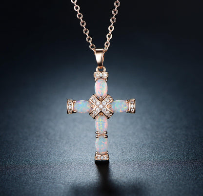 18K Gold Plated Created Opal Cross with Chain, 18 Inches with 2 Inches Extension