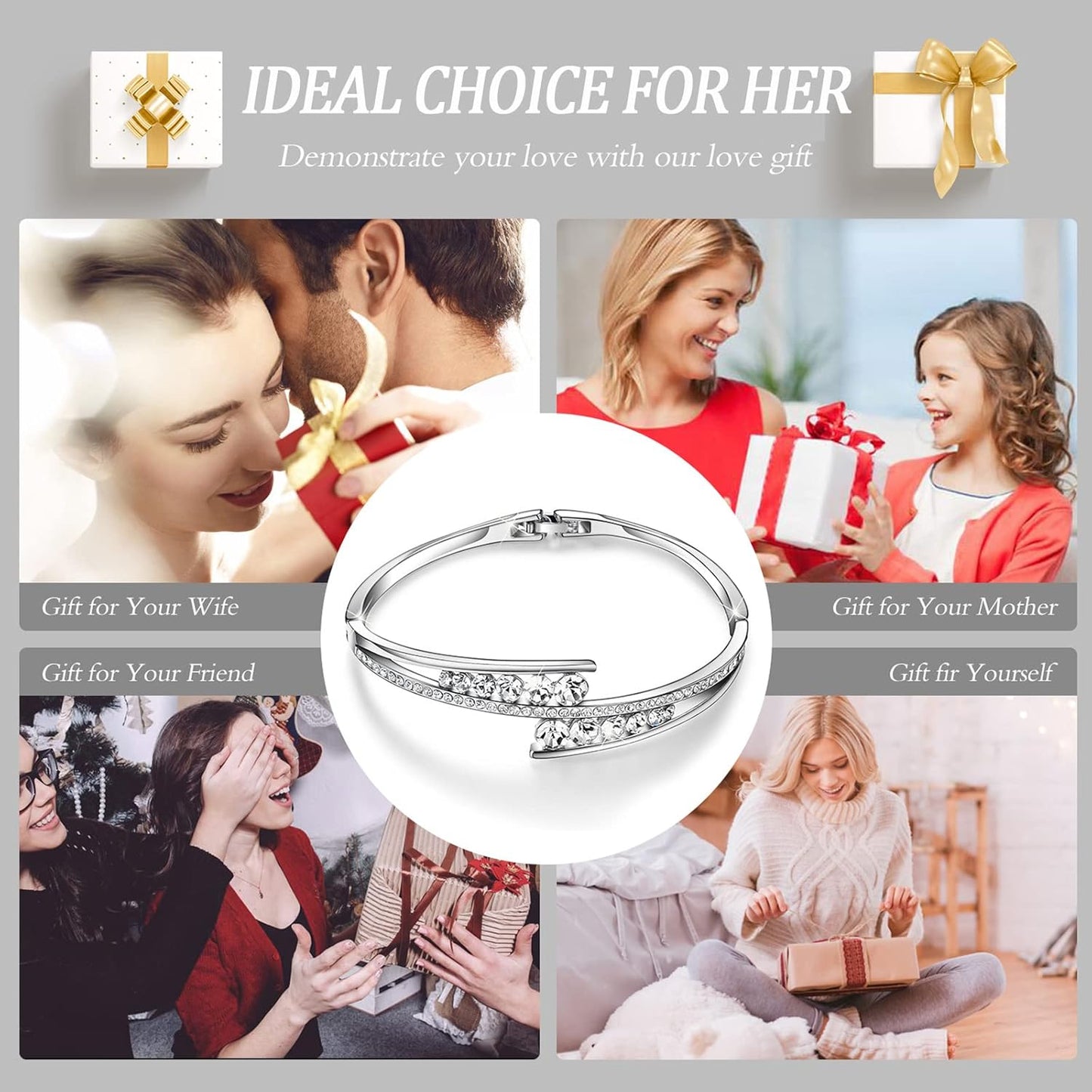 Love Encounter Crystals Bangle Bracelets for Women White Gold Plated Adjustable Hinged Jewelry