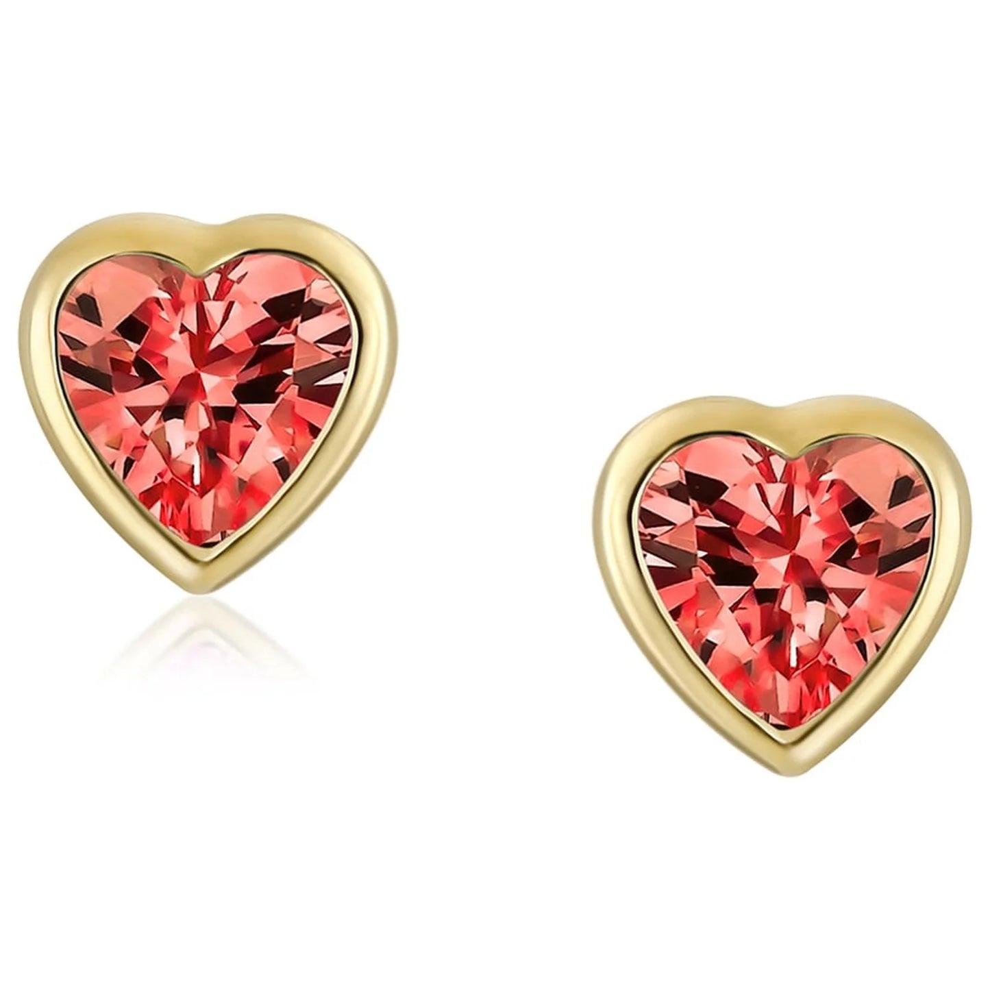 Womens Tiny Dark Red Bezel Set Heart CZ Stud Earrings Real 14K Yellow Gold Screw Back
