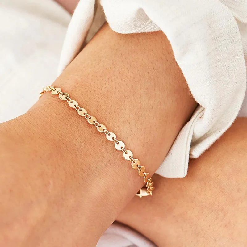 Popular Vintage Bracelet 18K Gold Plated Chain Stainless Steel Waterproof Handmade Disc round Bracelet for Women