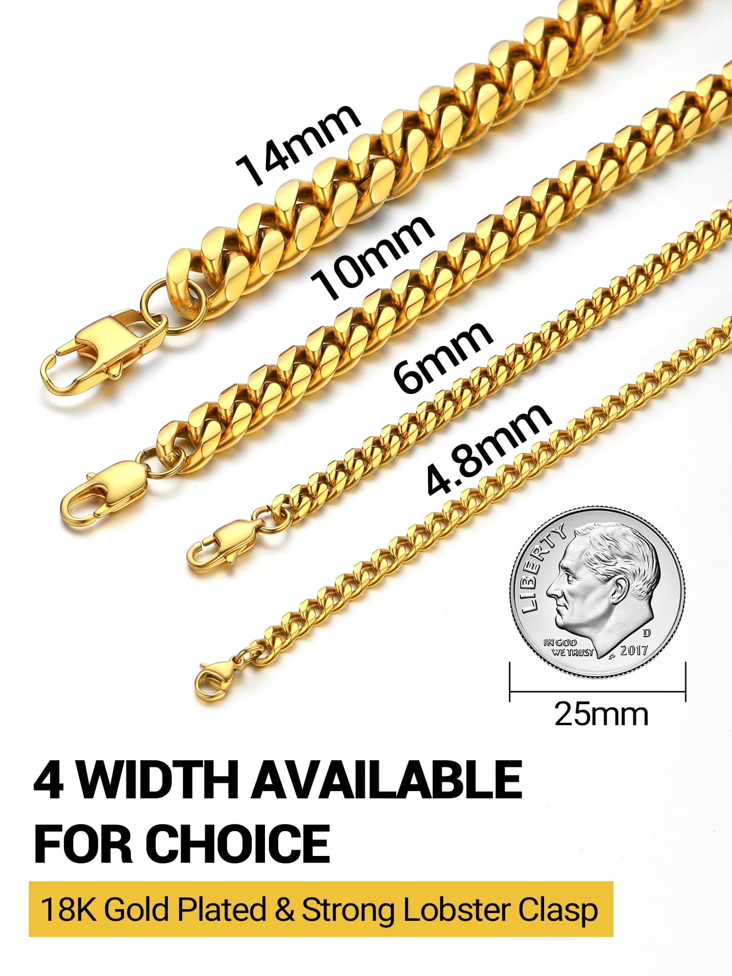 Gold Plated Bracelet for Men Chunky Cuban Bracelet 14MM 7.5 Inch Chain Bracelet Stainless Steel Gift for Him